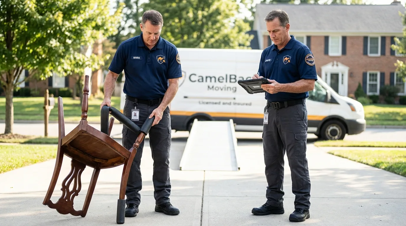 Movers inspecting furniture for damage prevention before loading in Honeyville, UT
