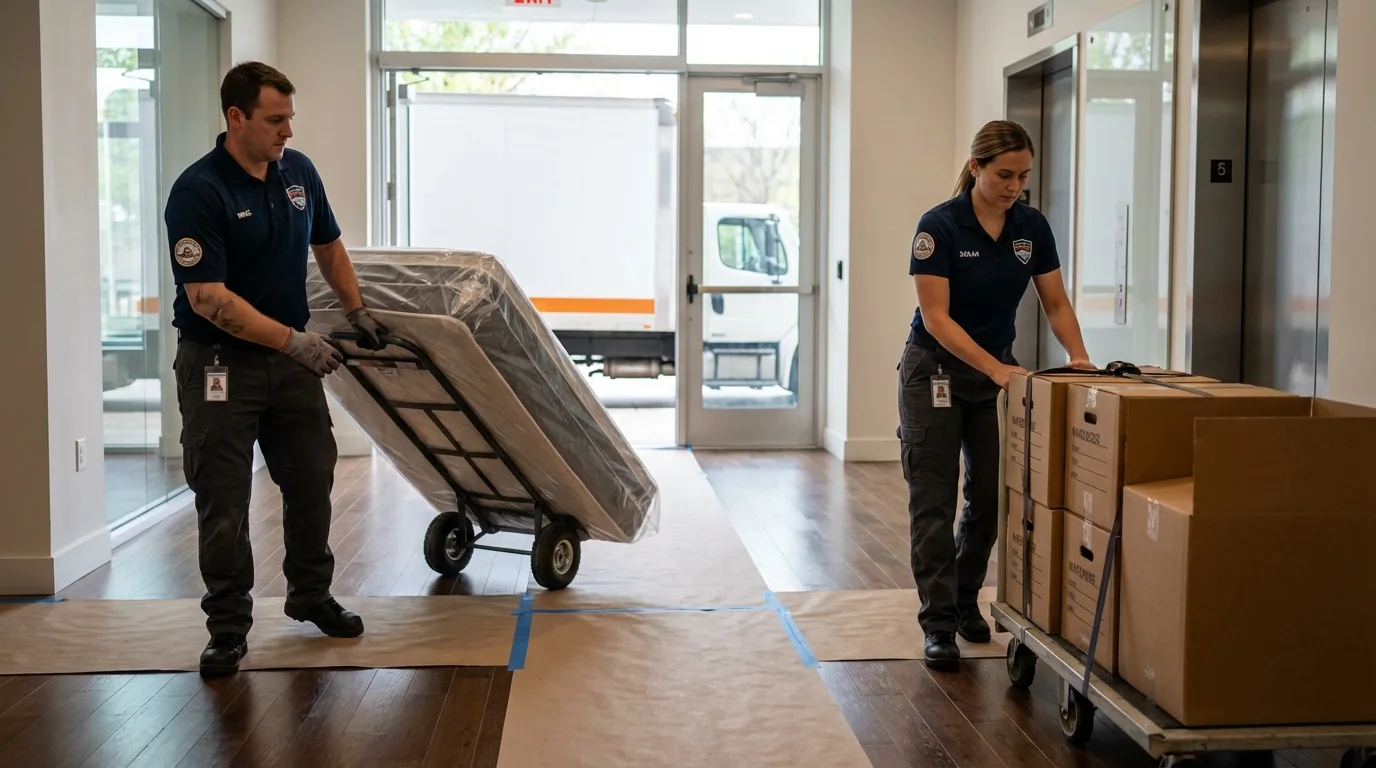 Professional apartment movers loading elevator in Honeyville, UT
