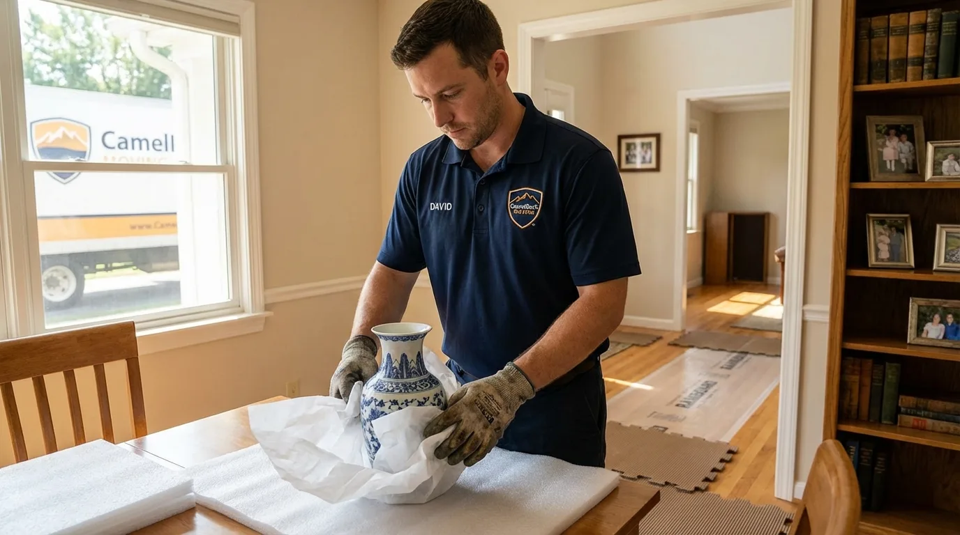 Professional crew carefully wrapping antique vase for senior downsizing move in Honeyville, UT